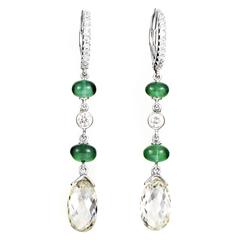 Emerald and Briolette Diamond Gold Dangle Earrings