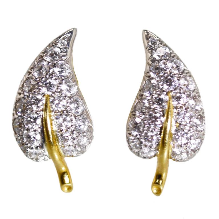 Tiffany and Co. Schlumberger Diamond Gold Platinum Leaf Earrings at 1stDibs