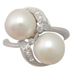 1950s Pearl and 0.12 Carat Diamond, 10k White Gold Ring 1