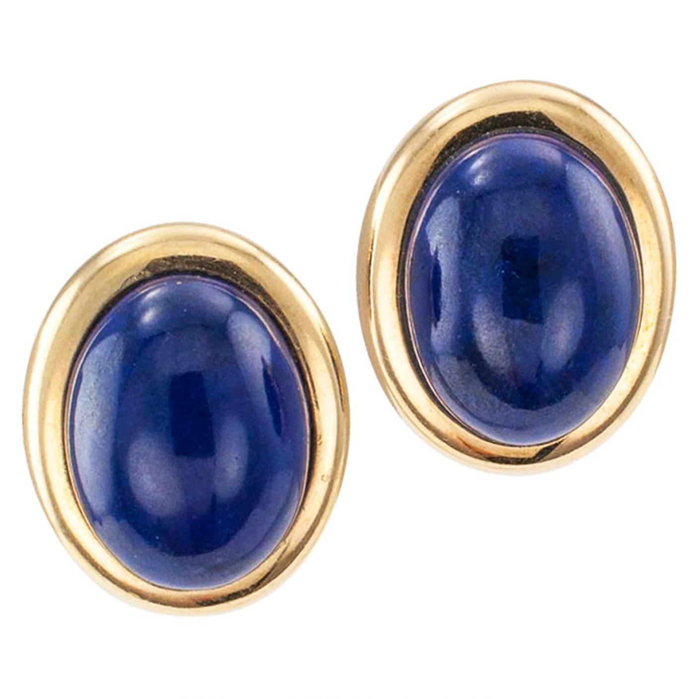 1970s Lapis Lazuli Gold Button Ear Clips