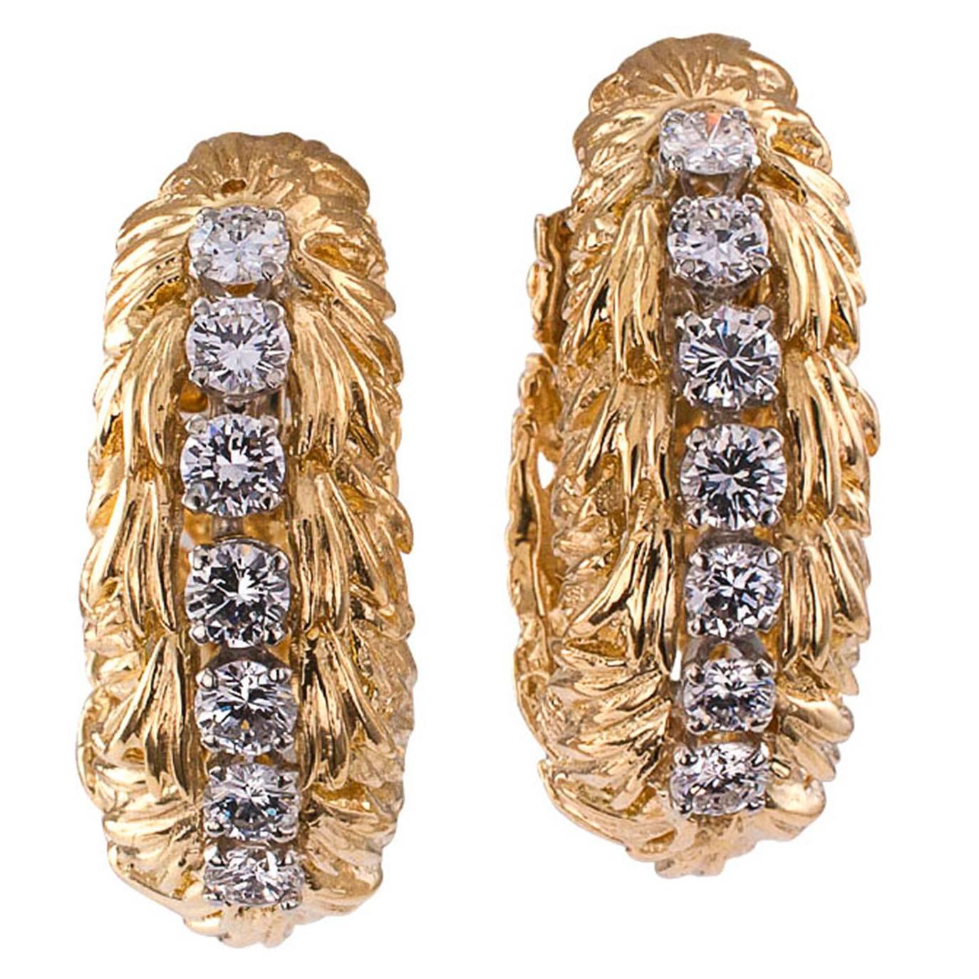 1960s David Webb Diamond Gold Hoop Earrings