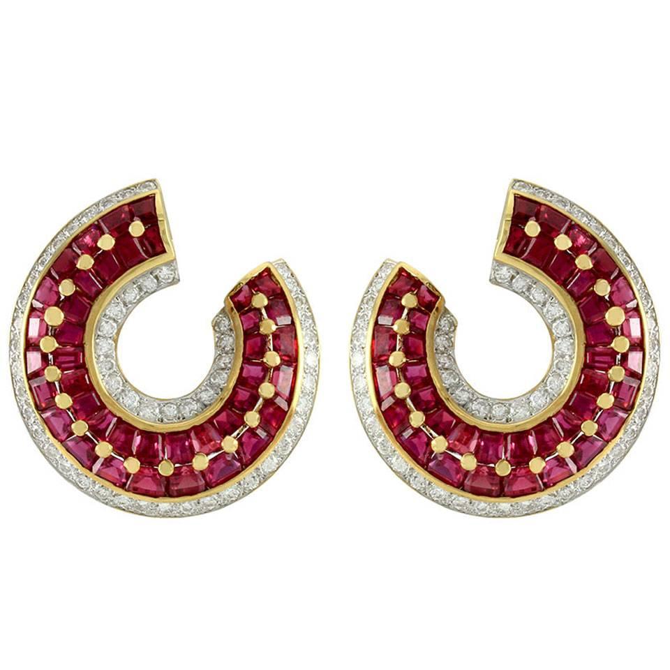 Genuine Ruby Diamond Gold Wrap Earrings  For Sale