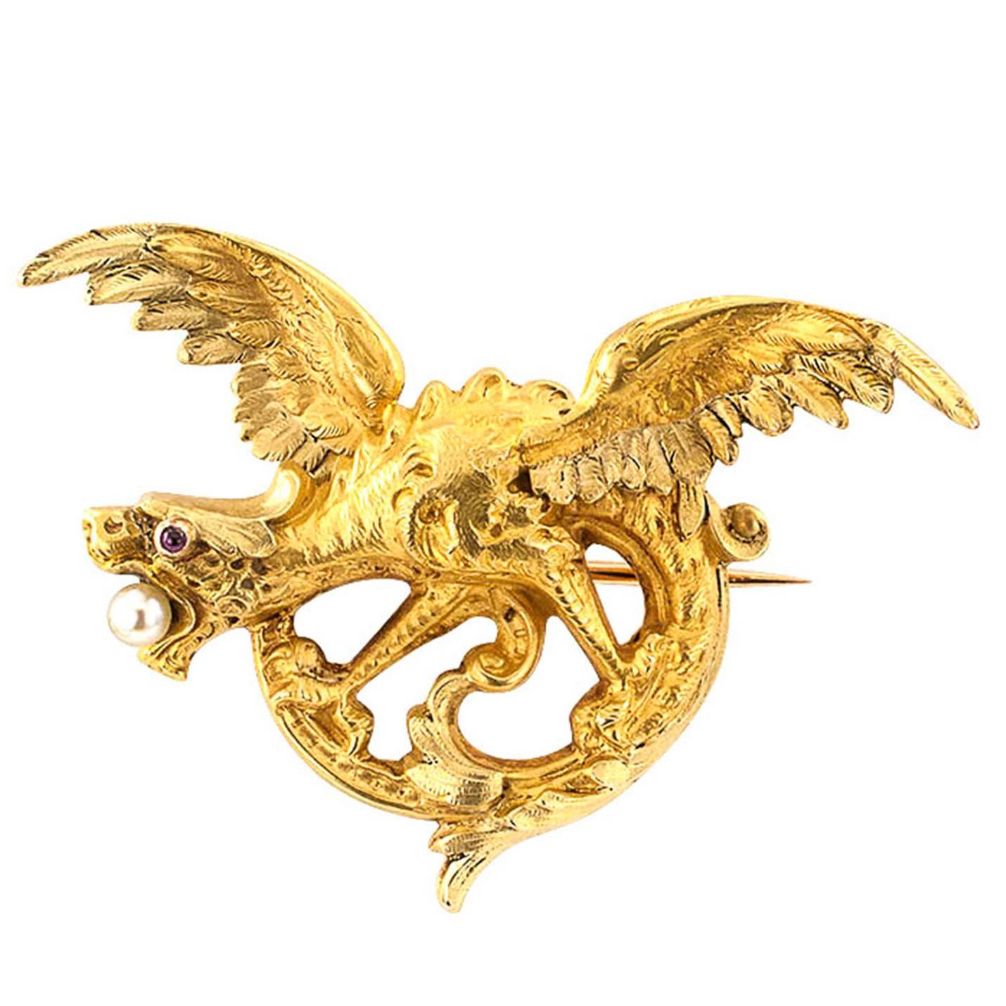 French Antique Gold Dragon Brooch