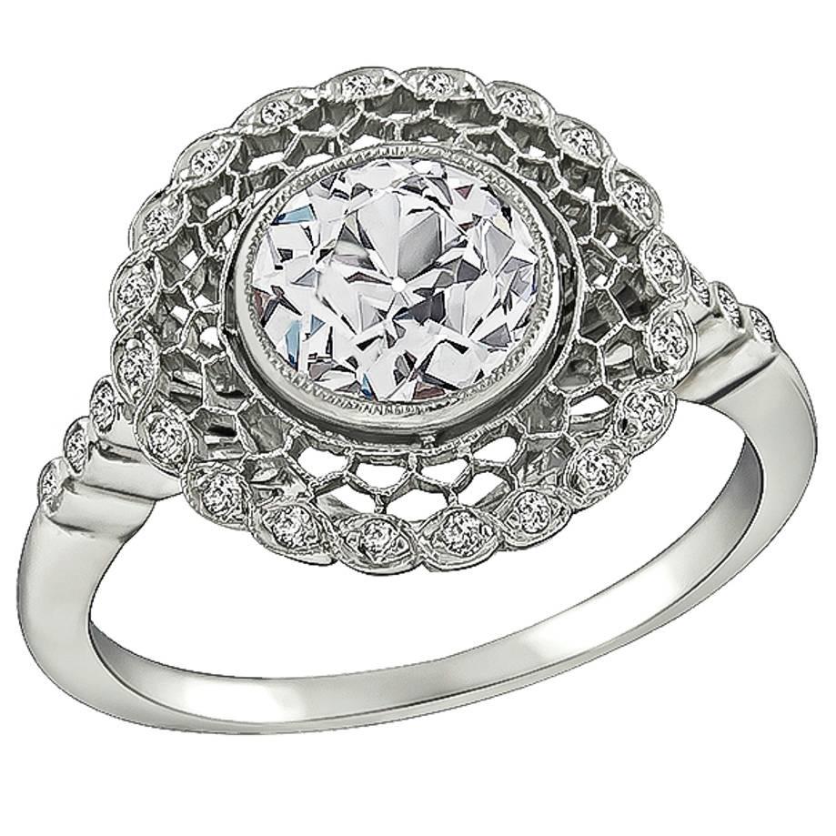 1.30 Carat Old European Diamond Platinum Engagement Ring For Sale