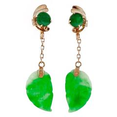 Jadeite Jade Carved Gold Dangle Earrings 