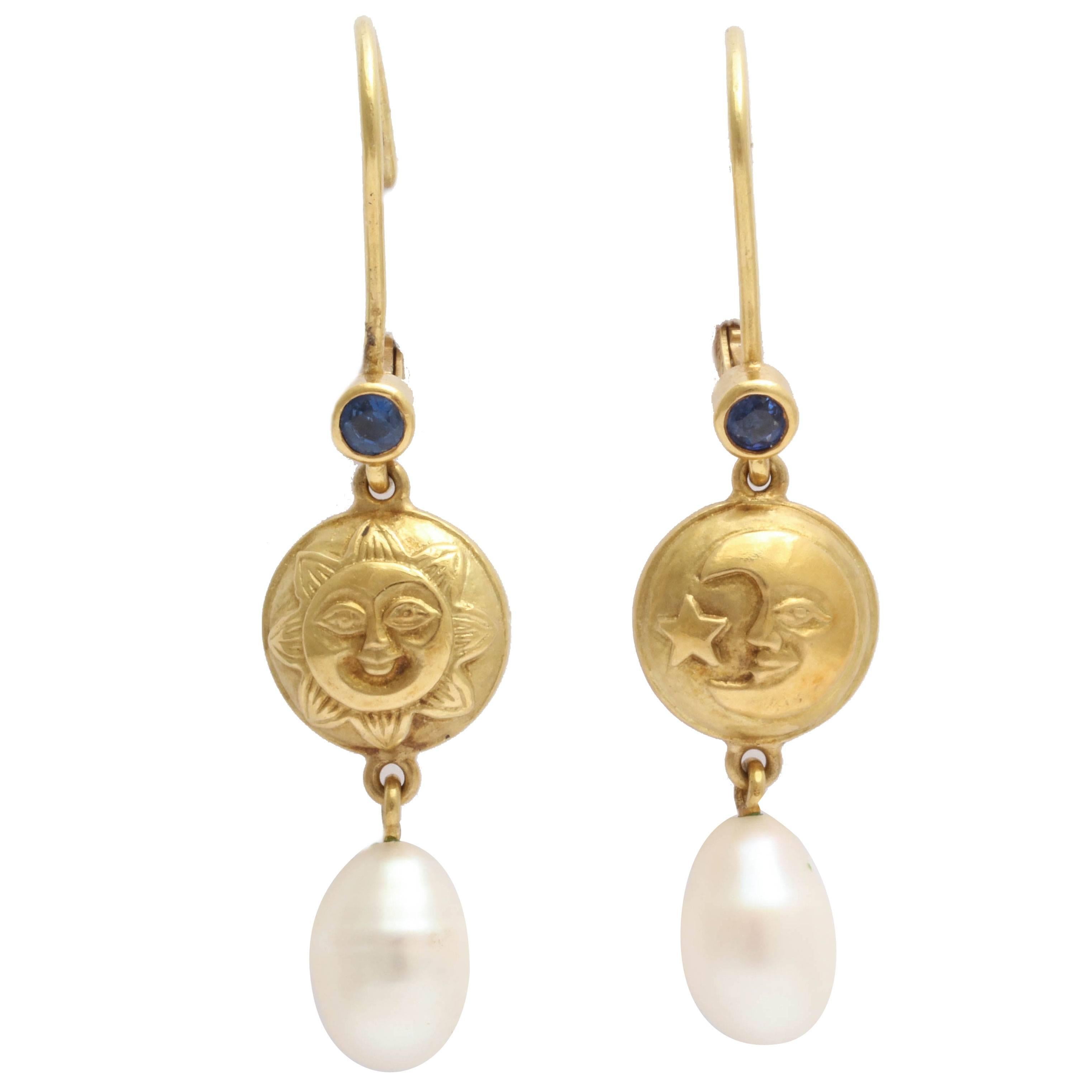Pearl Sapphire Gold Celestial Drop Earrings