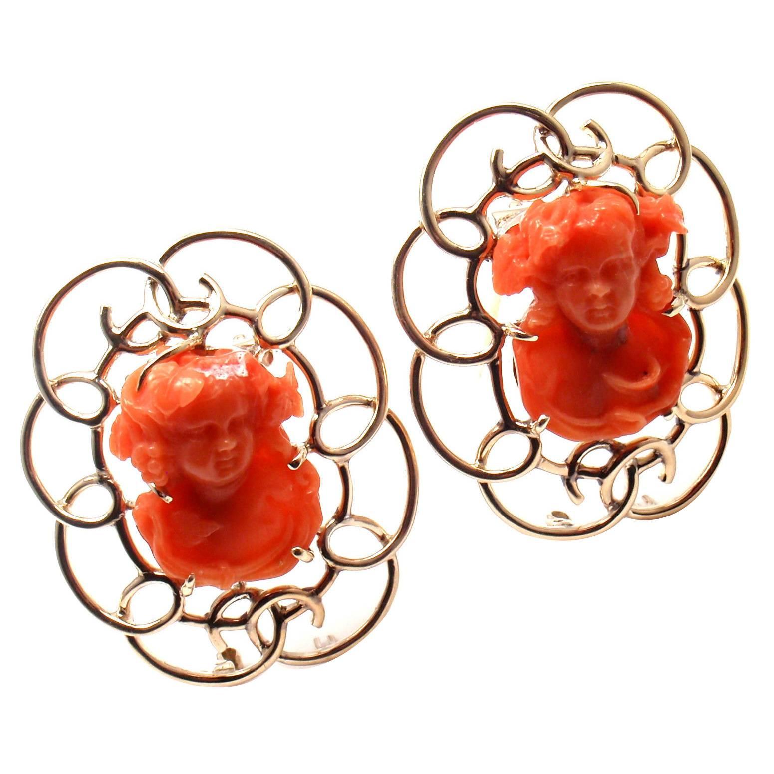 Raymond Yard Two Carved Coral Cameo Gold Pins Brooches