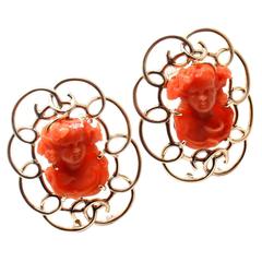 Raymond Yard Two Carved Coral Cameo Gold Pins Brooches