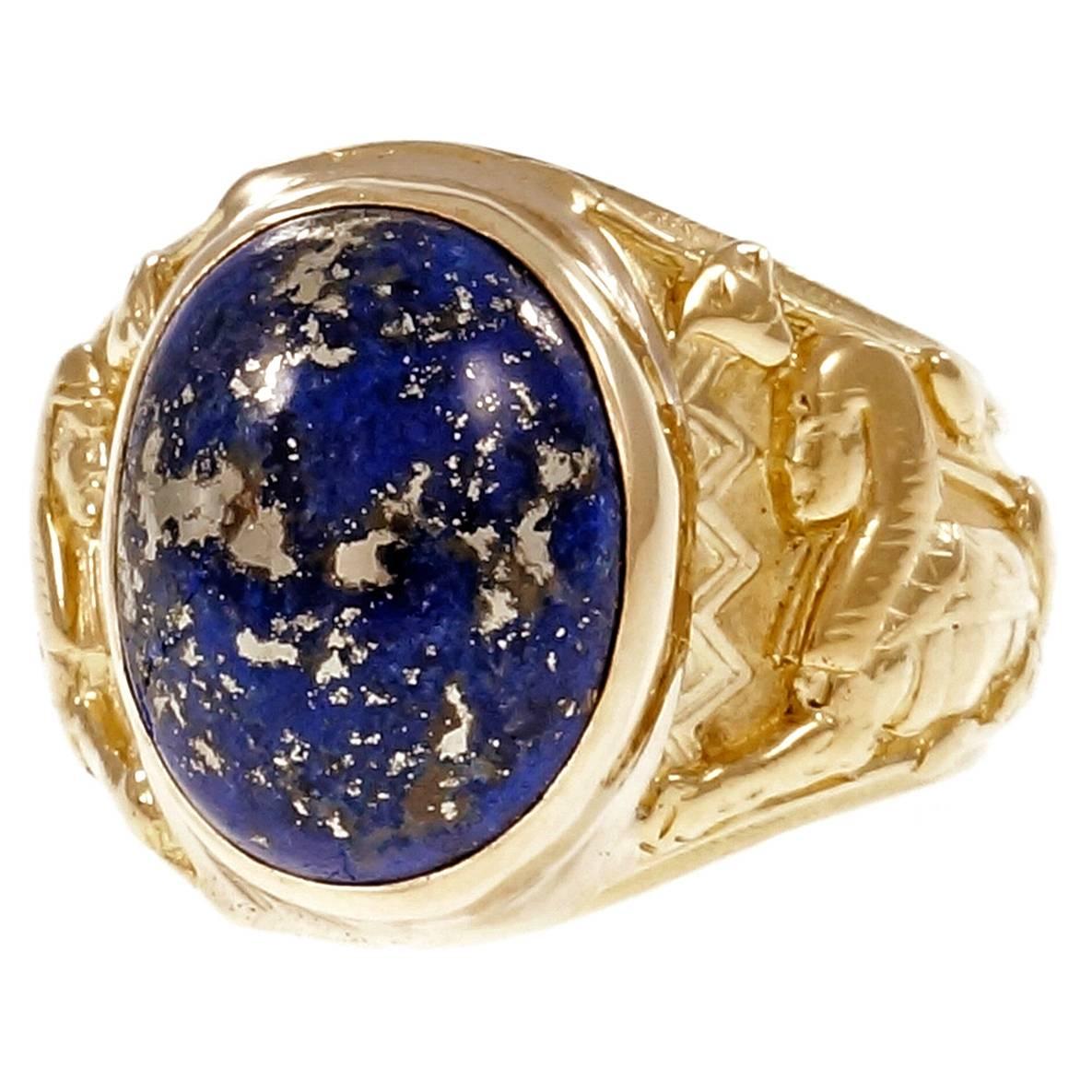 Natural GIA Cert Lapis Gold Egyptian Revival Ring
