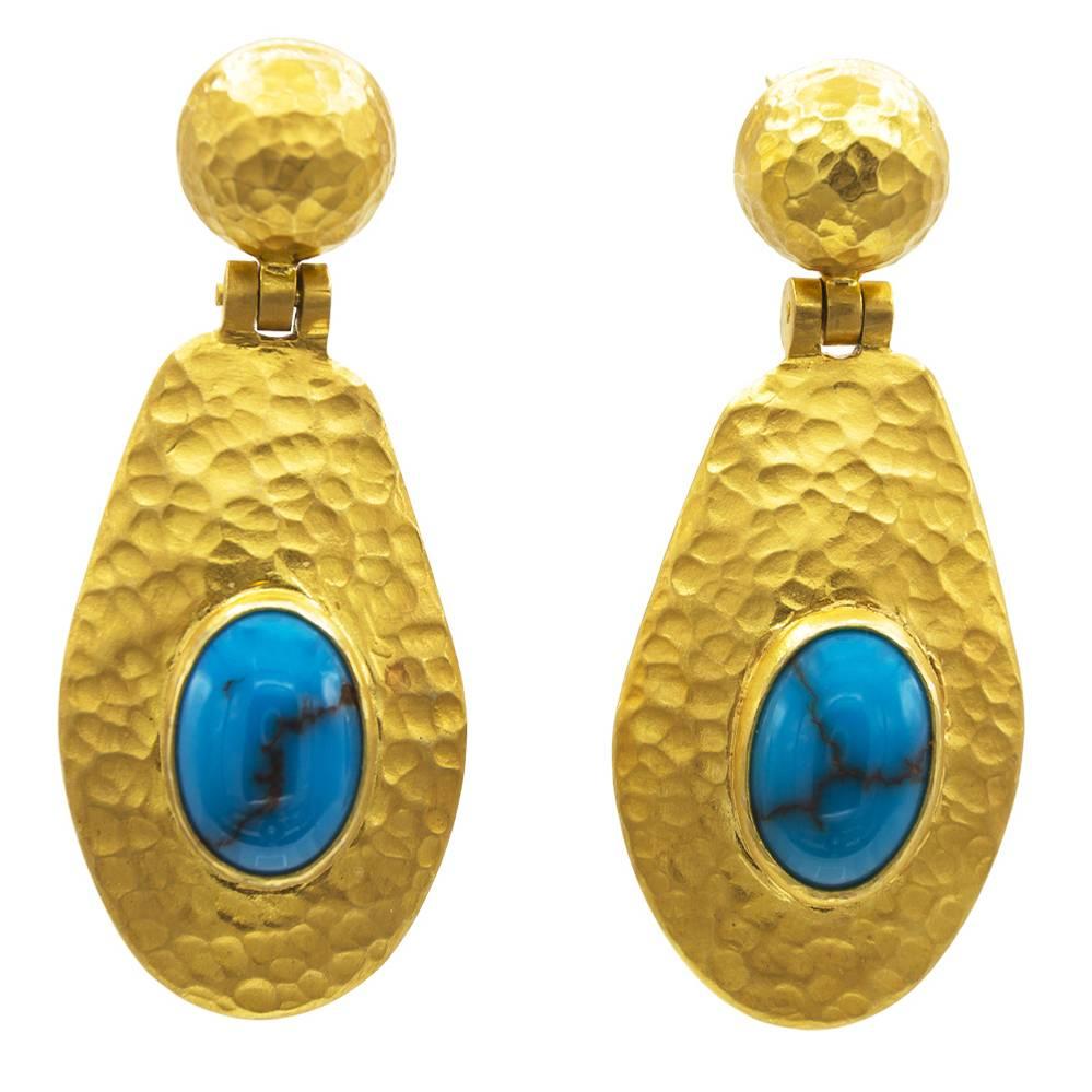 Egyptian Turquoise Thick Gold Vermeil Hammered Oval Dangling Post Earrings