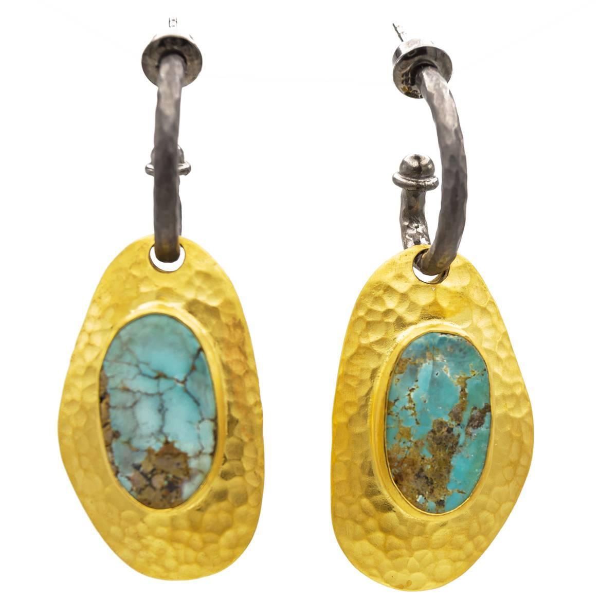 Large Persian Turquoise Oxidized Sterling Silver Gold Earrings