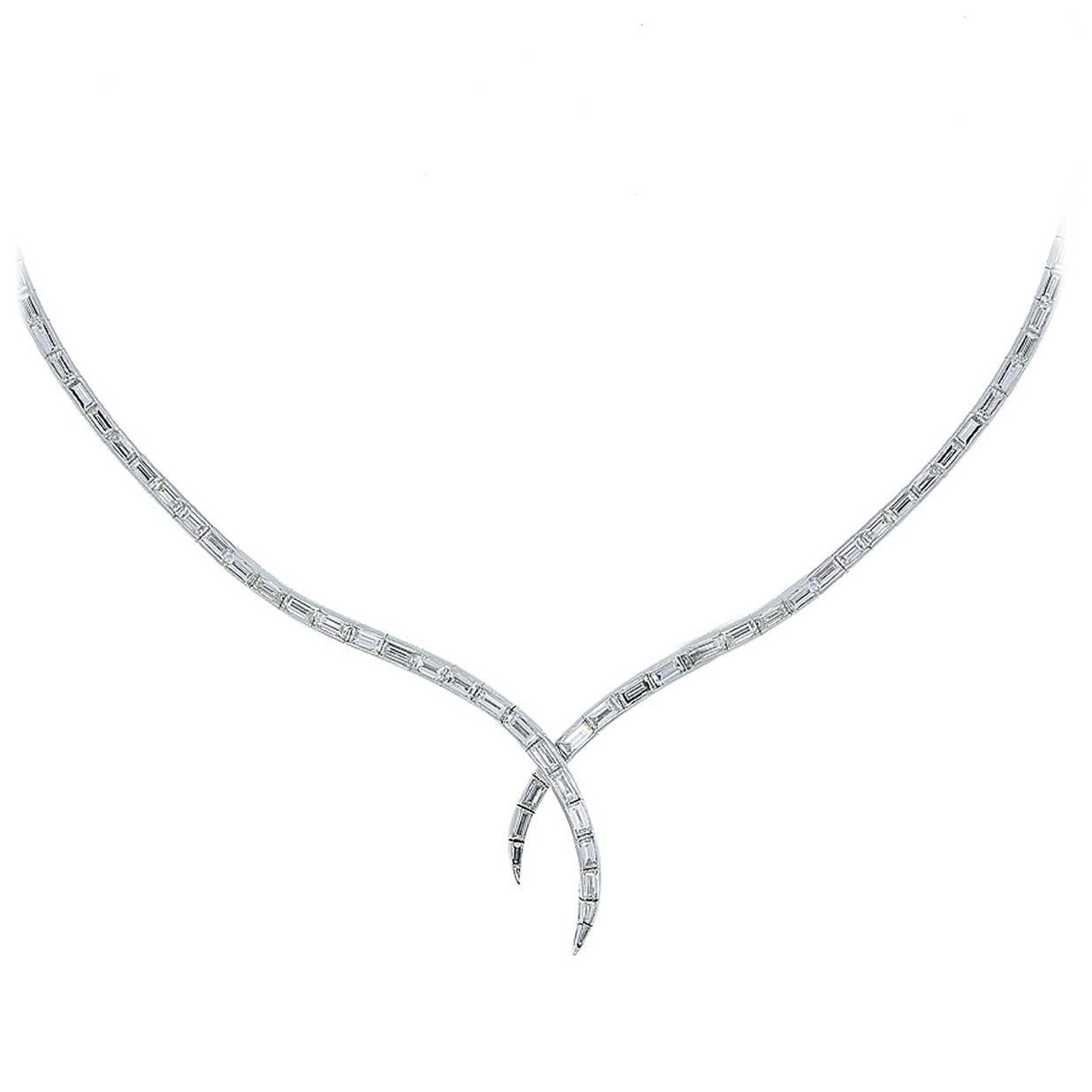 10 Carats Baguette Cut Diamonds Platinum Crossover Necklace at 1stDibs