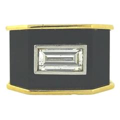 1970s 1.8 Carat Emerald Cut Diamond Onyx Gold Chunky Ring
