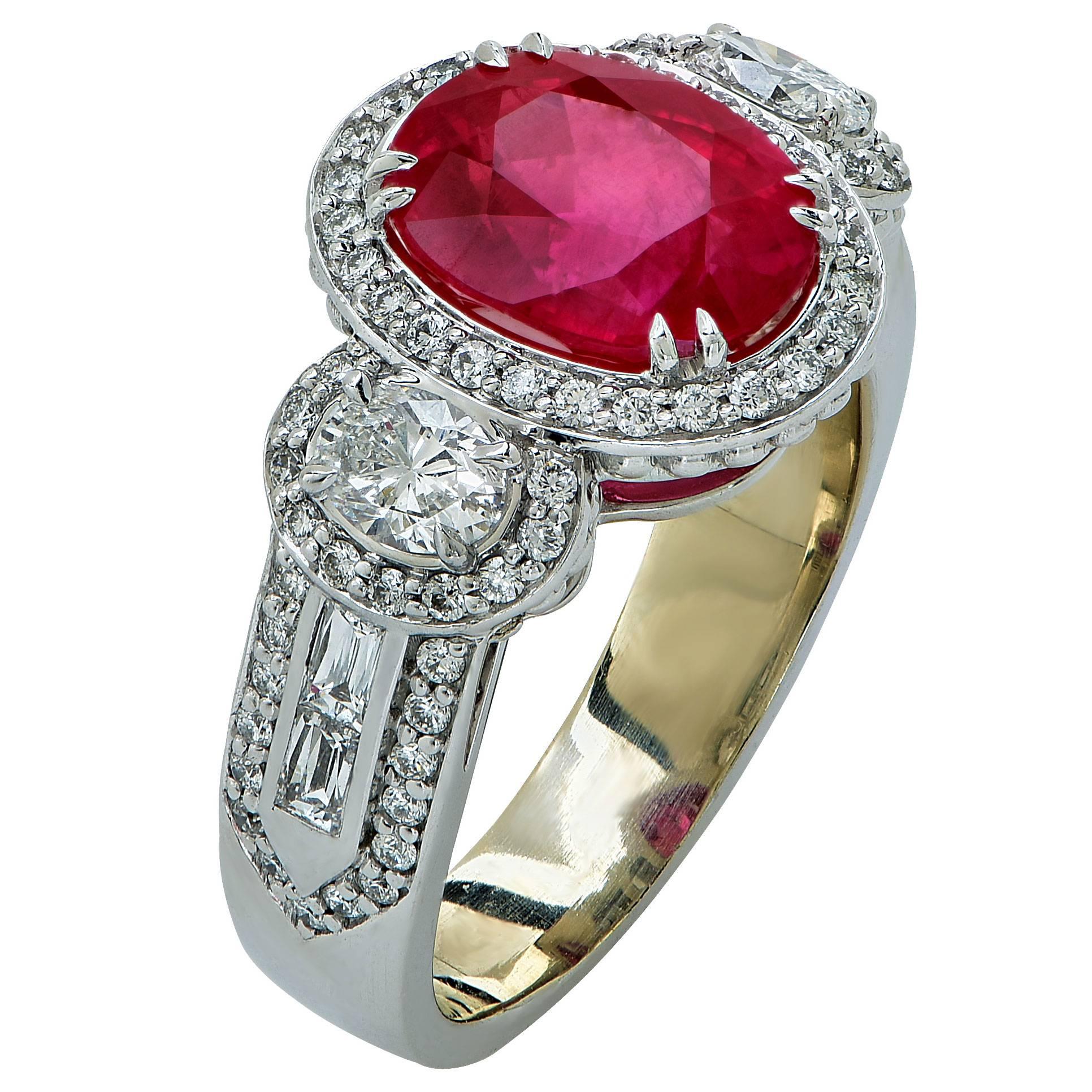 18k white gold ring featuring an oval cut ruby weighing approximately 3.50cts, accented by round brilliant, oval and baguette cut diamonds, F color, VS clarity. 

The ruby is accompanied by a GIA report stating that the origin is Madagascar with