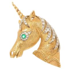 1970s Large Diamond Gold Unicorn Brooch
