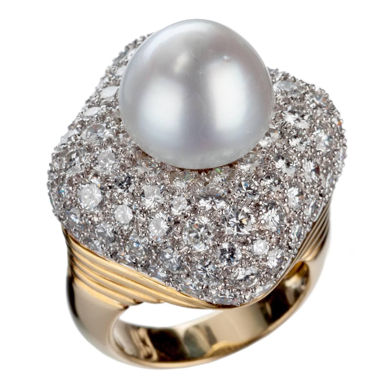 Pearl Pave Diamond Gold Platinum Ring For Sale