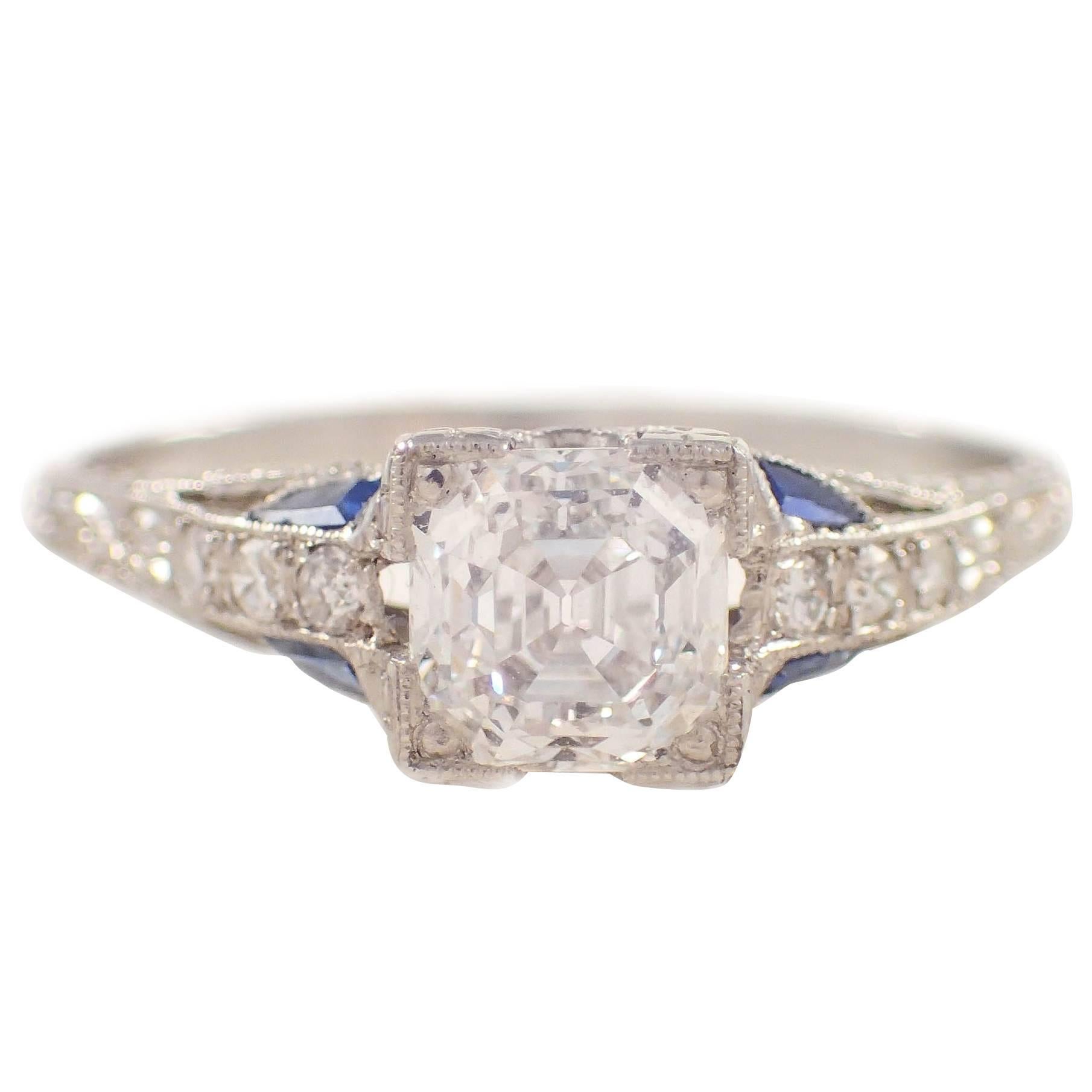 Art Deco Sapphire Diamond Platinum Engagement Ring  For Sale