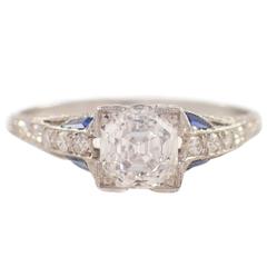 Art Deco Sapphire Diamond Platinum Engagement Ring 