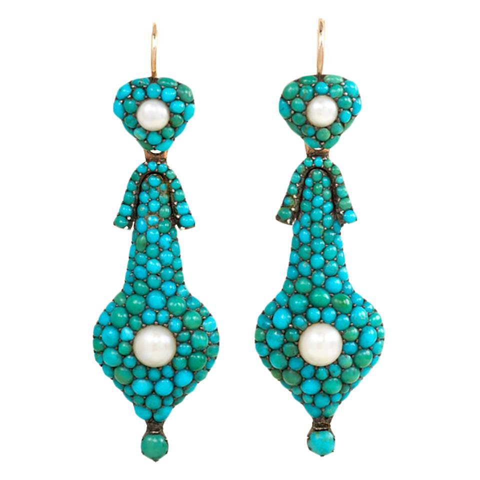 English Antique Turquoise Pearl Gold Day-to-Night Earrings