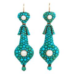 English Antique Turquoise Pearl Gold Day-to-Night Earrings