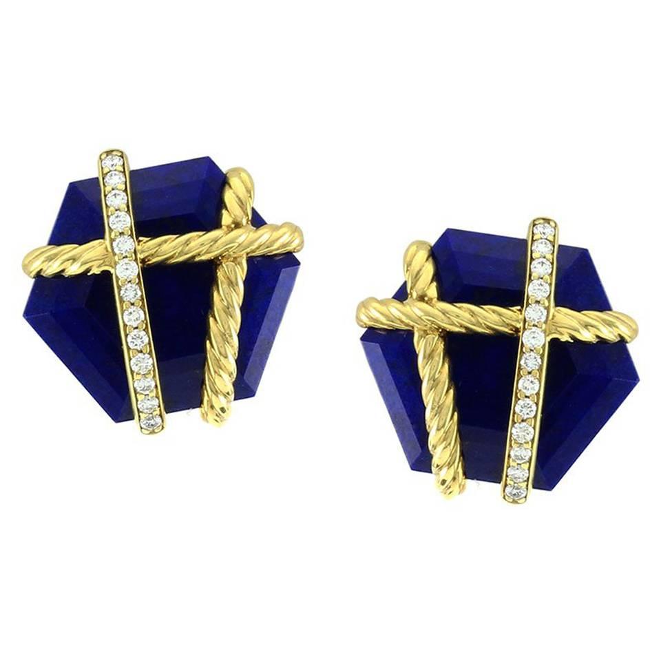 David Yurman Cable Wrap Lapis Pavé Diamond Gold Earrings For Sale