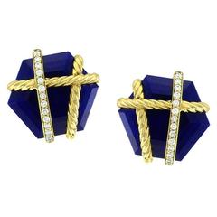 David Yurman Cable Wrap Lapis Pavé Diamond Gold Earrings