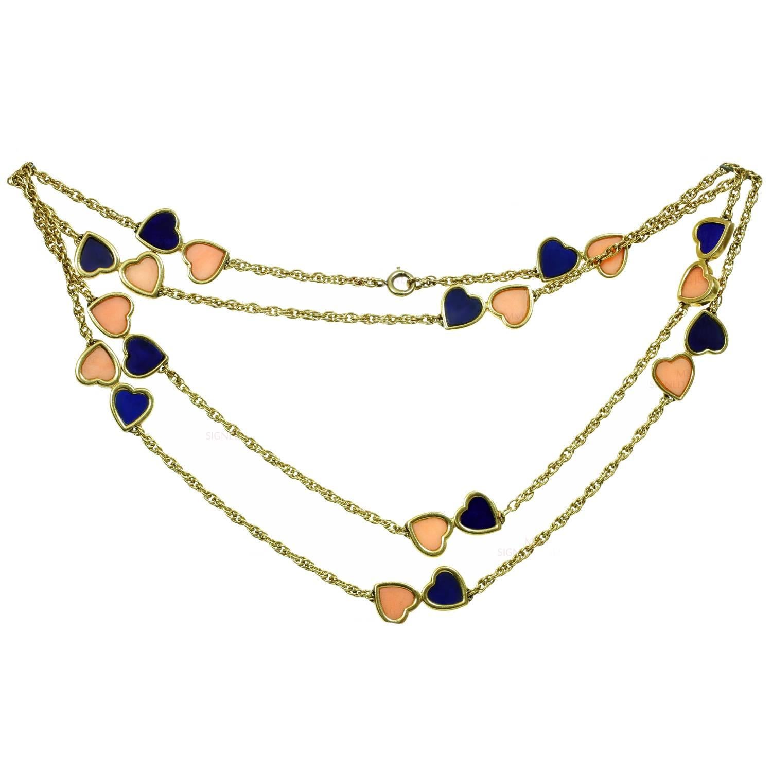 1960s Van Cleef & Arpels Pink Coral Lapis Lazuli Gold Double Hearts Necklace