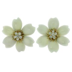 Van Cleef & Arpels Rose De Noel White Coral Diamond Gold Large Earrings