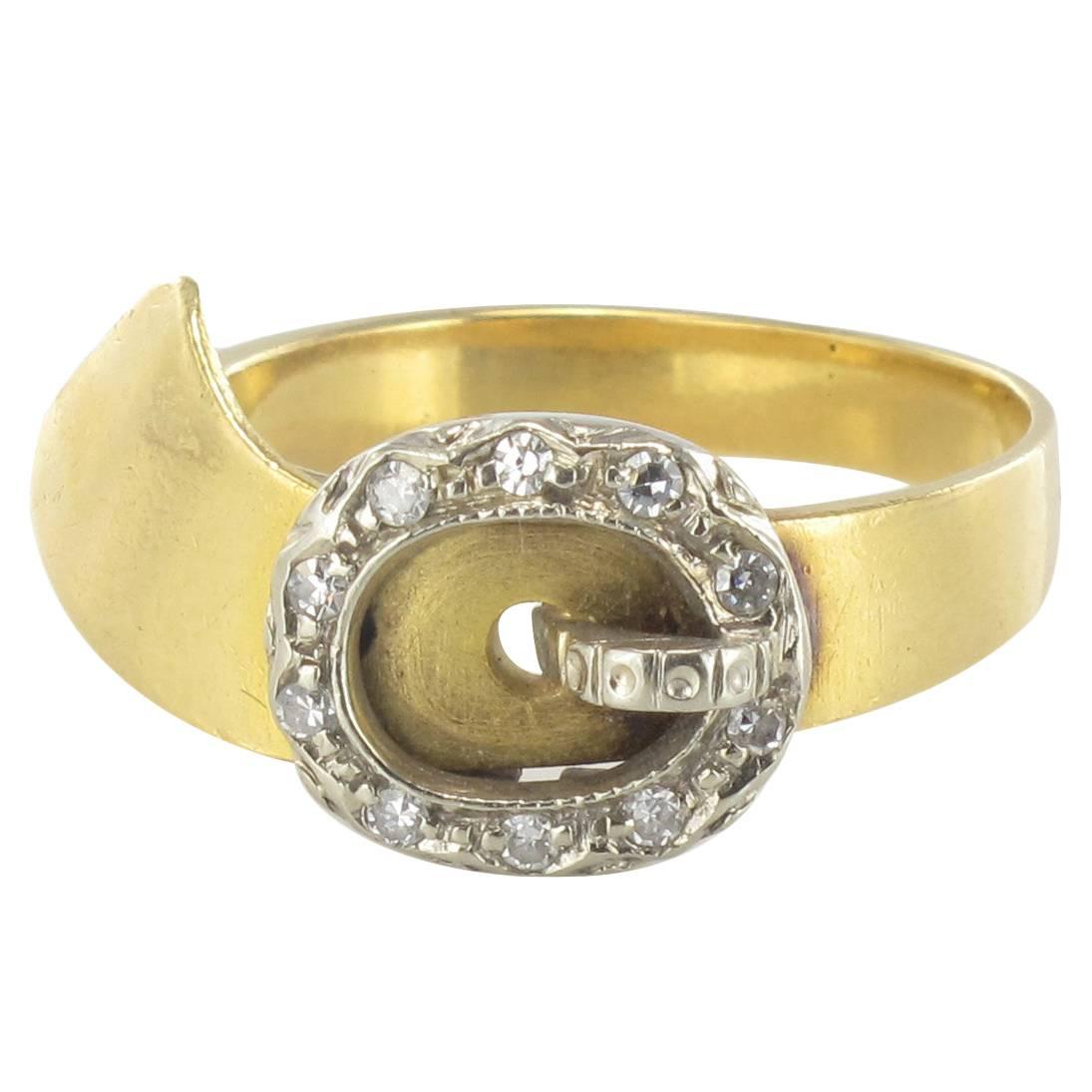 French Retro Diamond Gold Belt Ring