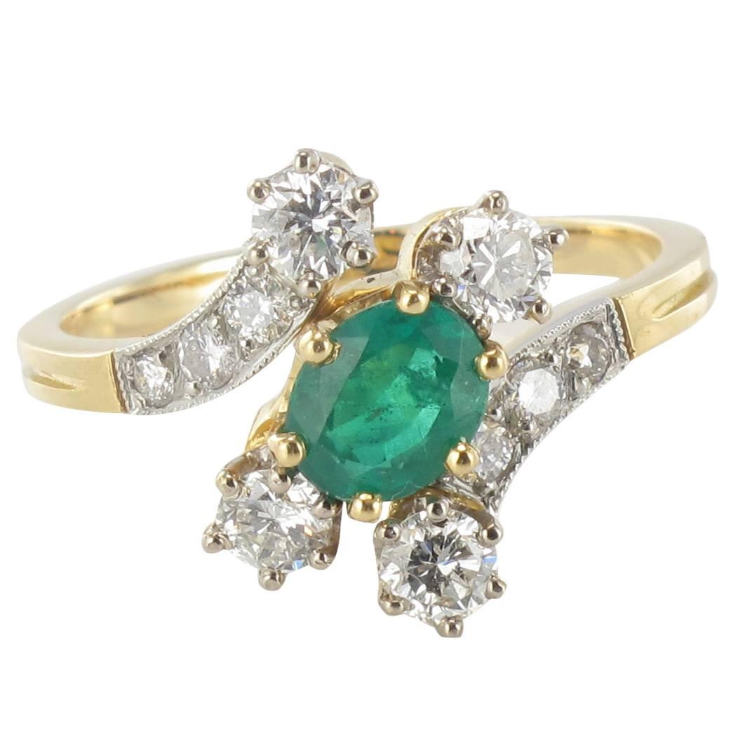 Modern French Emerald Diamond Gold Platinum Ring