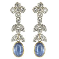 Modern French Sapphire Cabochon Diamond Gold Earrings 3