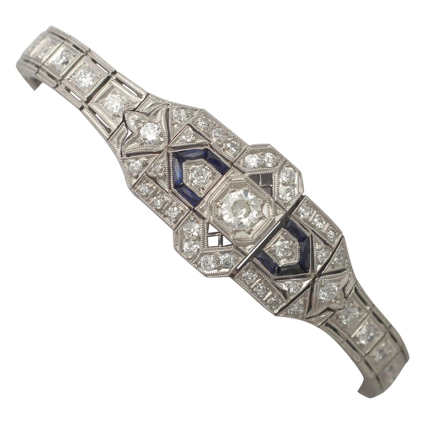 4.54 Ct Diamond and 0.25 Ct Sapphire, Platinum Bracelet - Art Deco 