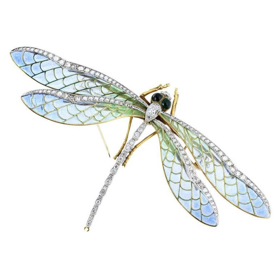 Antique Style Plique-a-jour Cut Diamond gold Dragonfly Pin For Sale