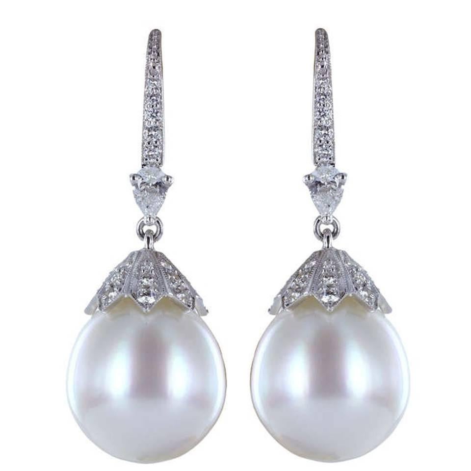 South Sea Pearl Diamond platinum Drop Earrings For Sale