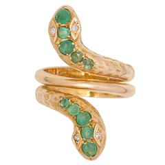 Emerald Diamond Gold Double Headed Snake Ring