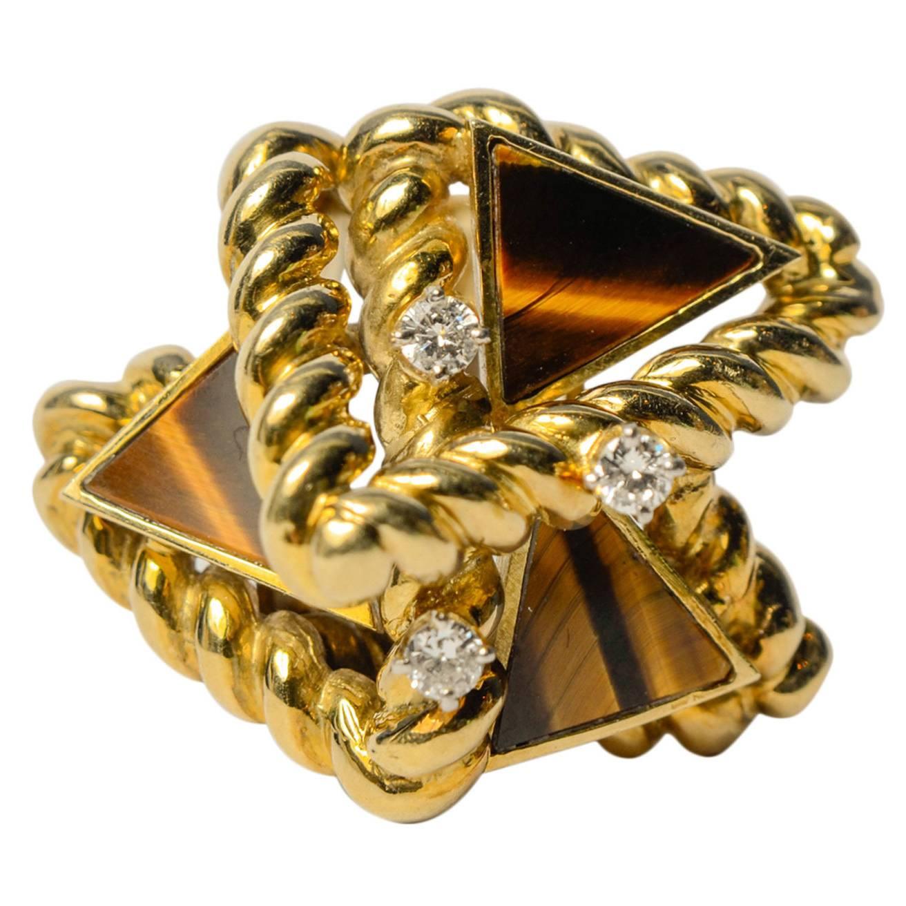 Tiger's Eye Diamond Gold Dress Ring For Sale