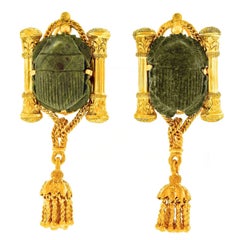 Egyptian Revival Hardstone Scarab Set Gold Earrings