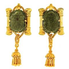 Egyptian Revival Hardstone Scarab Yellow Gold Earrings 8