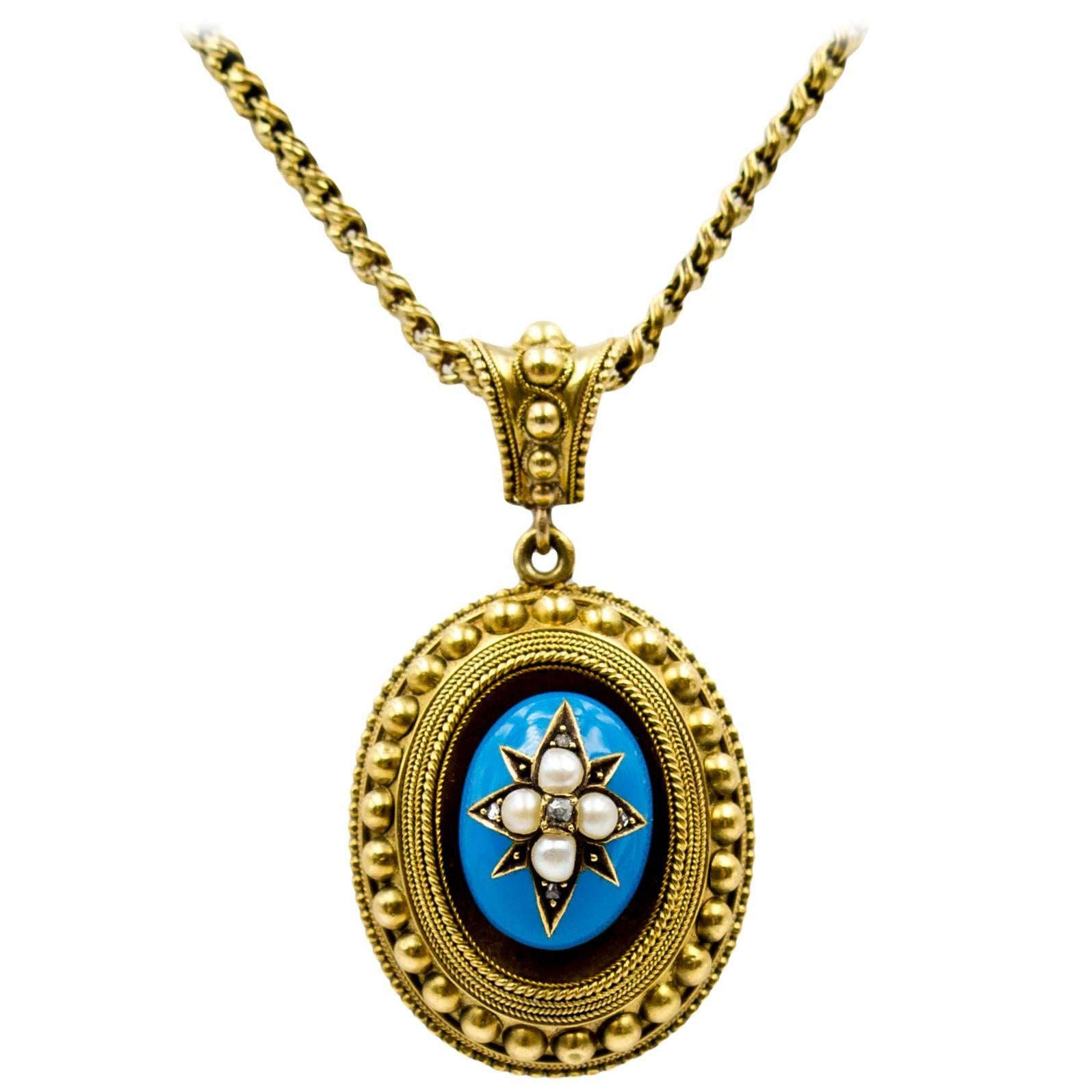 Romantic Victorian Enamel Diamond and Pearl Pendant and Chain