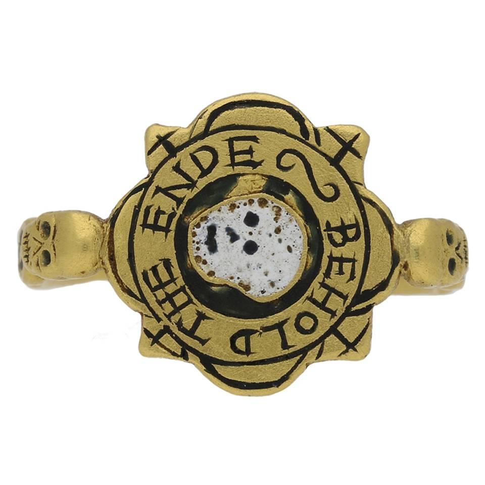 Tudor Enameled "BEHOLD THE ENDE" English Skull Ring For Sale