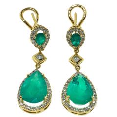 Beautiful Natural Large Colombian Emerald Diamond Gold Drop Earrings