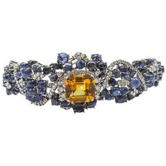 1960s Citrine Sapphire Diamond Gold Flexible Cuff Bracelet 8