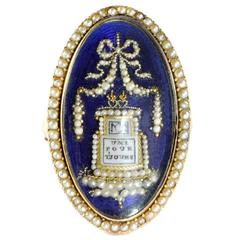 Blue Enamel Seed Pearls Gold Memorial Ring