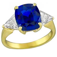 3.98 Carat Cushion Cut Sapphire Diamond Gold Engagement Ring