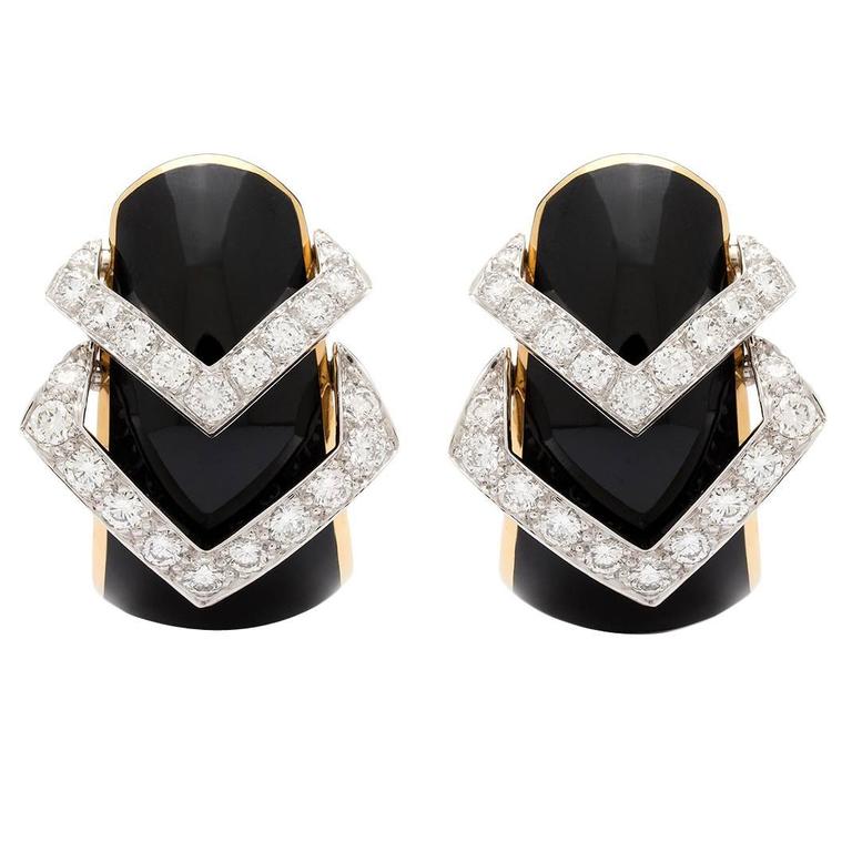 David Webb Black Enamel Diamond Yellow Gold Hoop Earrings For David Webb Black Enamel Diamond Yellow Gold Hoop Earrings For