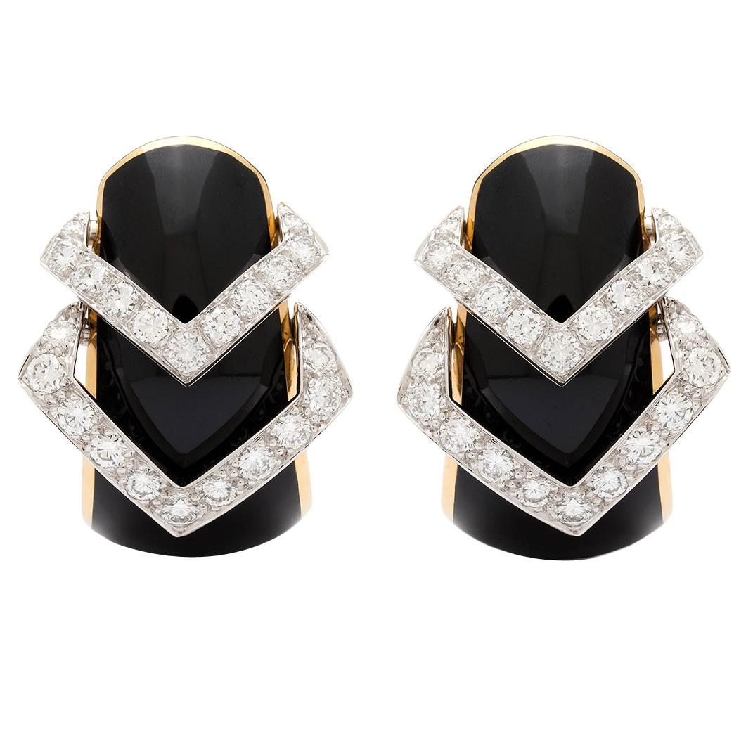 David Webb Black Enamel Diamond Yellow Gold Hoop Earrings For Sale