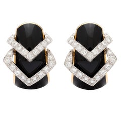 David Webb Black Enamel Diamond Yellow Gold Hoop Earrings