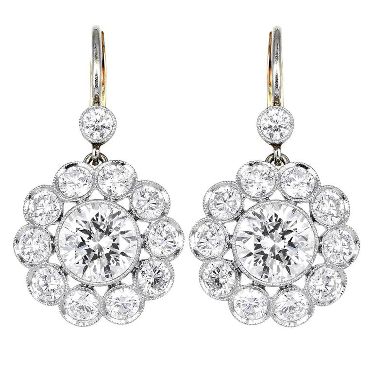 4.75 Carats Diamonds Gold Platinum Drop Earrings For Sale