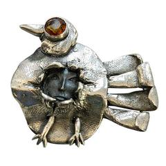 Walter Schluep Sensational Figural Bird and Face Brooch Pin en argent sterling