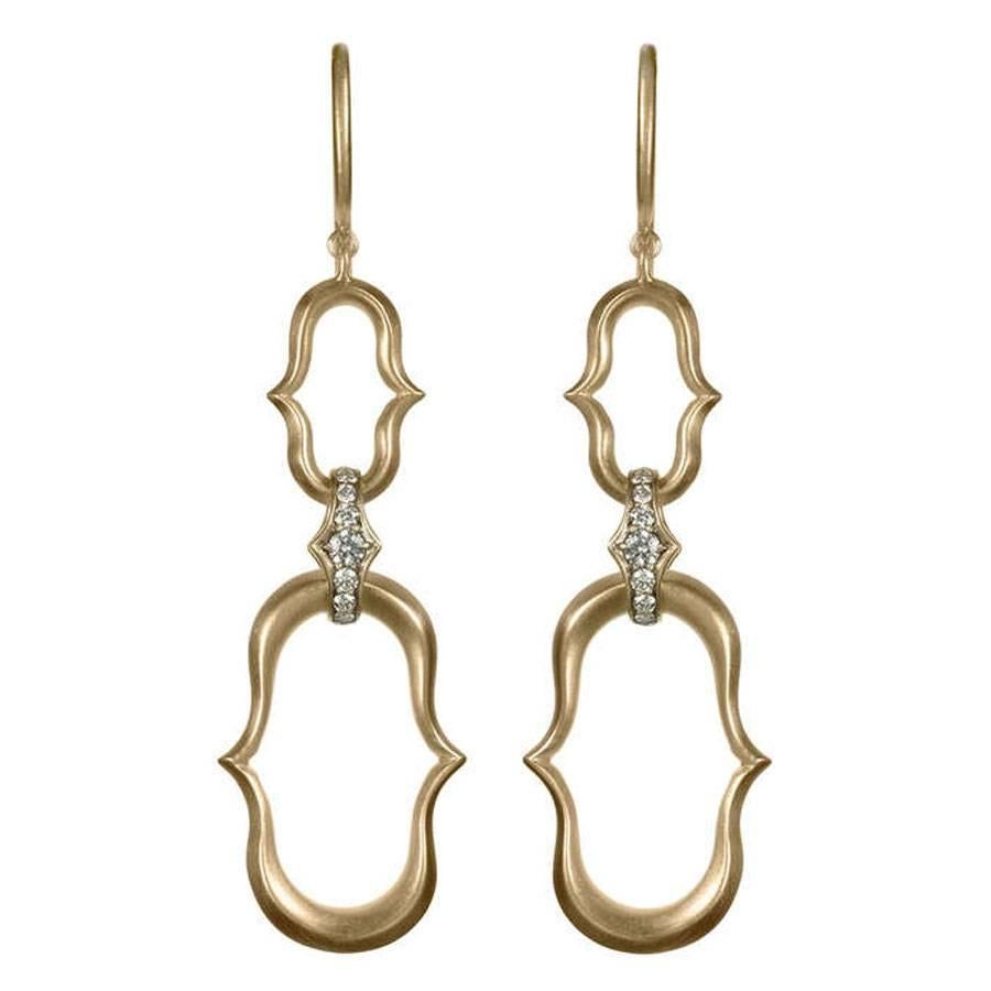 Anahita Double Motif White Diamond Gold Link Dangle Drop Earrings